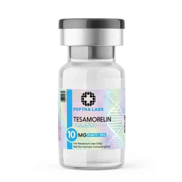 Tesamorelin 10 mg – lahvička s výzkumným peptidem, čistota 99 % na etiketě, Peptra Labs