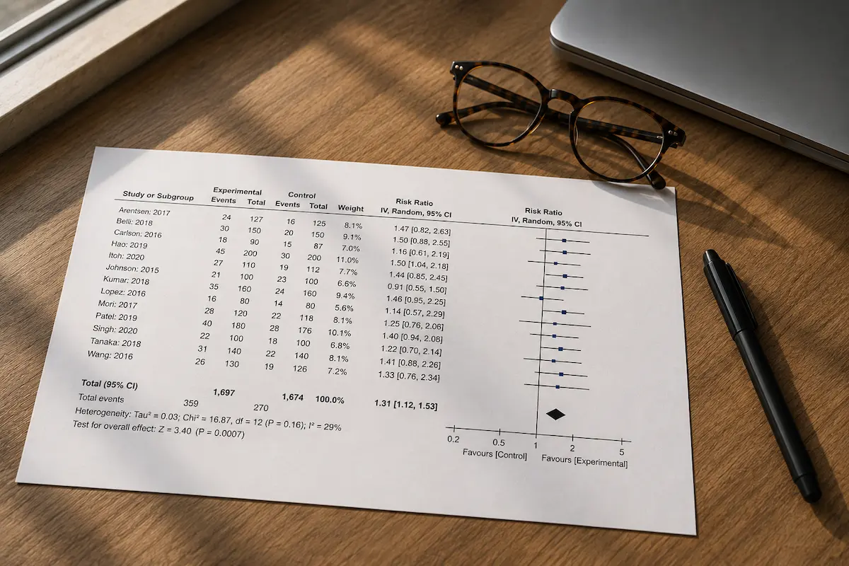 Vytištěný forest plot z metaanalýzy tirzepatidu ležící na stole vedle brýlí na čtení.