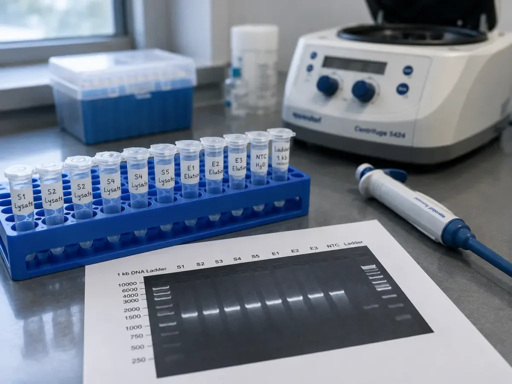 A rack of labelled sample tubes on a laboratory bench during thymosin beta-4 colitis model work.