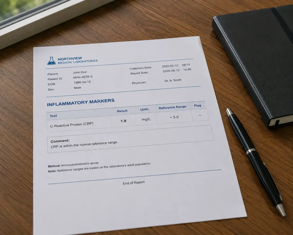 A printed inflammatory marker report on a desk, of the kind analysed in the semaglutide SELECT substudy.
