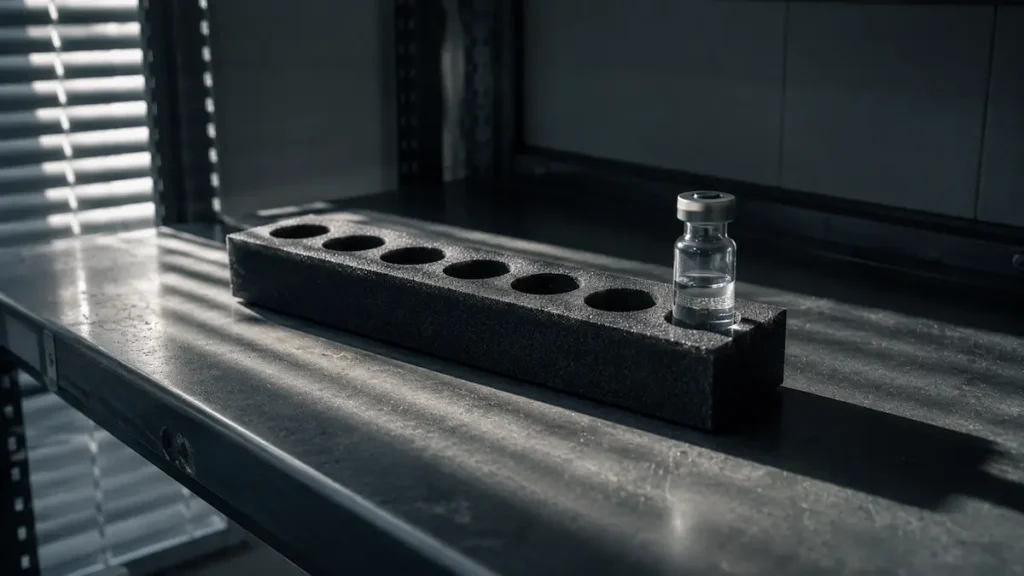 A vial rack with seven wells and only one vial standing in it, for the seven peptides and thin evidence in the BPC-157 review.