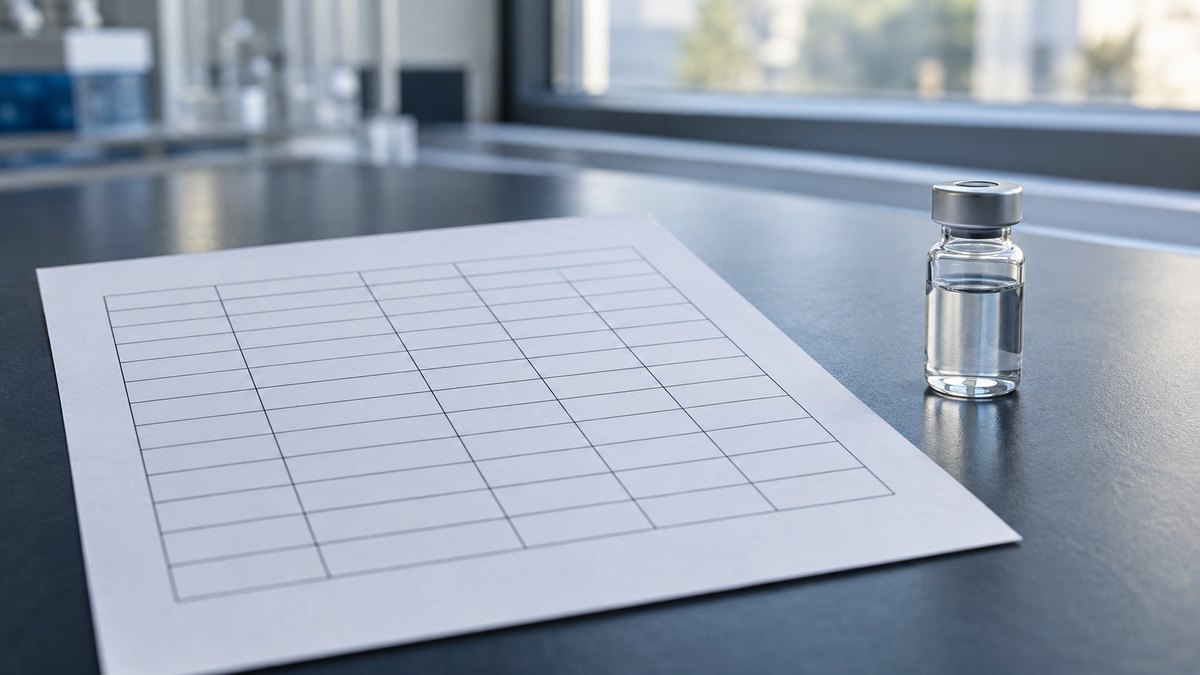 Článek o studii fáze 3 retatrutidu vedle neoznačené výzkumné lahvičky na laboratorním stole