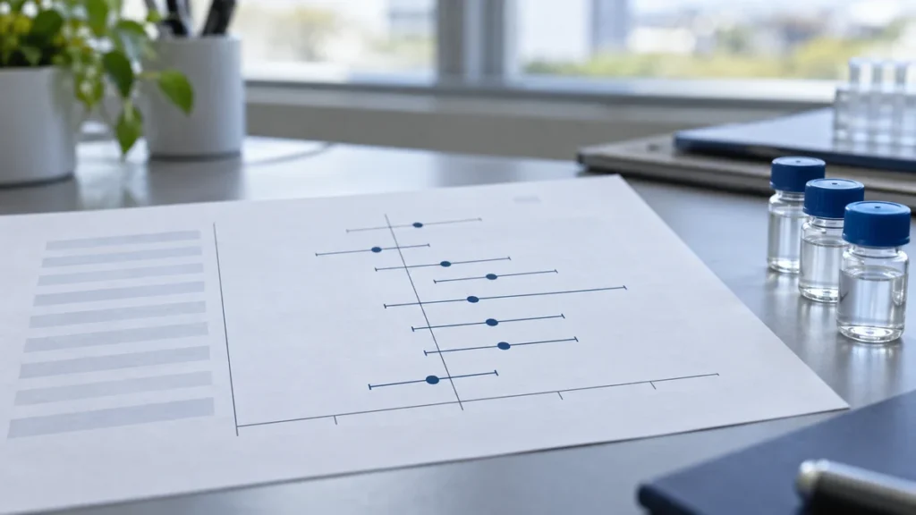 Statistický forest plot s intervaly spolehlivosti vedle výzkumných lahviček