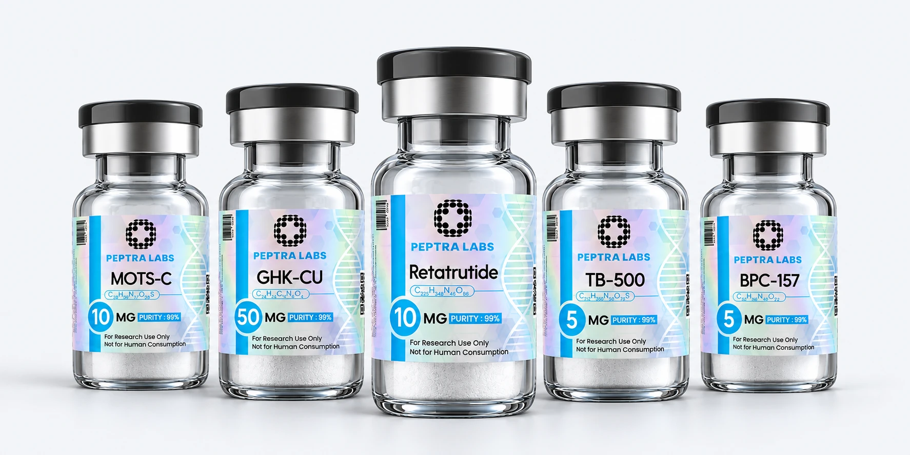 Lahvičky výzkumných peptidů Peptra Labs: Retatrutide, MOTS-c, GHK-Cu, TB-500 a BPC-157