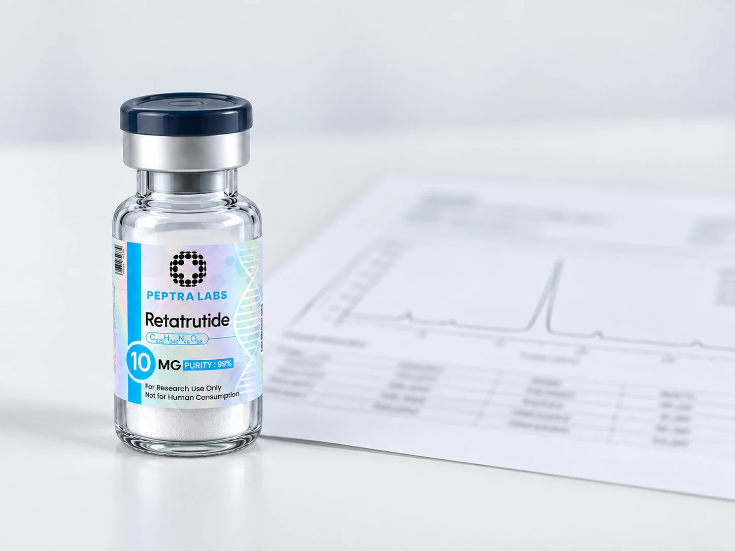 Lahvička Retatrutide vedle protokolu z analýzy HPLC